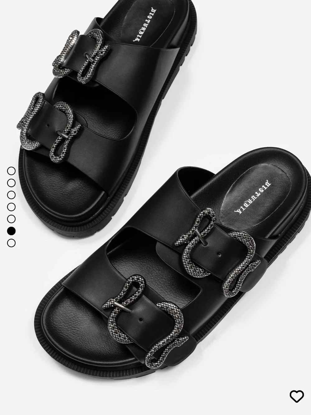 Disturbia Black Slide Sandal with Snake Buckles